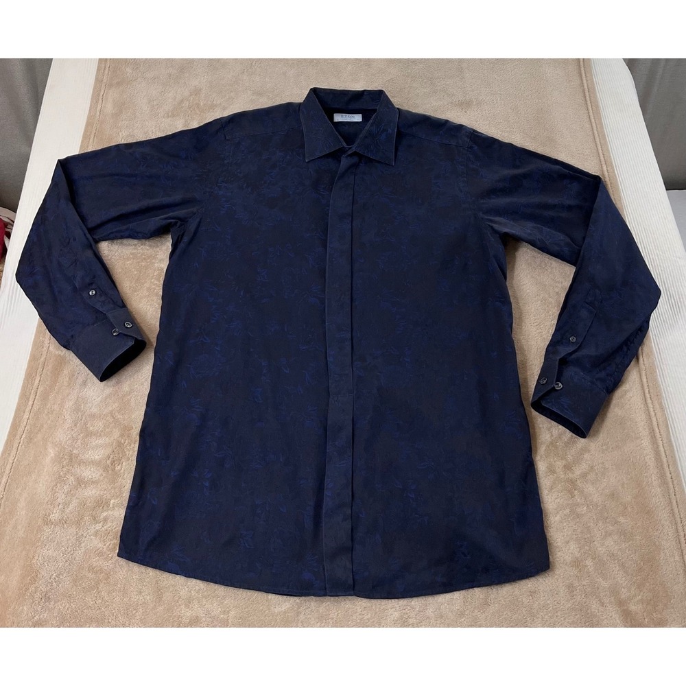 Eton Contemporary Fit Dress Shirt Men 44 Navy FloralJacquard Signature Twill EUC